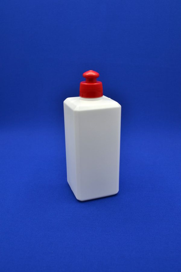 Білий флакон HDPE 500 мл квадрат з червоним пуш-пул